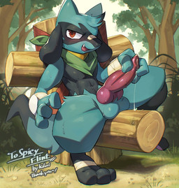 after_training animal_genitalia animal_penis balls bandage bedroom_eyes bodily_fluids canine_genitalia canine_penis feral genital_fluids genitals kerchief looking_at_viewer male narrowed_eyes penis precum sassy seductive sitting smug smug_face solo sweat train vehicle hidoritoyama nintendo pokemon roy_(solflint) generation_4_pokemon pokemon_(species) riolu hi_res