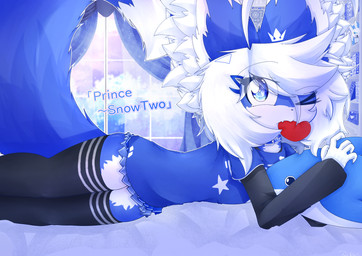 accessory ahoge anthro bed black_clothing black_legwear black_thigh_highs blue_body blue_bottomwear blue_clothing blue_collar blue_eyes blue_fur blue_shirt blue_skirt blue_topwear book bottomwear clothed clothing collar crossdressing crown curtains detailed_background femboy fluffy fluffy_ears fluffy_tail fur furniture hair hair_accessory hairclip headgear heart_symbol kemono legwear male object_in_mouth one_eye_closed plushie resting shirt skirt solo tail text thick_thighs thigh_highs topwear white_body white_fur white_hair window wink snowhilox ikea accel_(snowhilox) blahaj snowtwo canid canine fox mammal absurd_res character_name hi_res