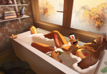 4_toes 5_fingers anthro autumn bath bathing bathroom bathtub brown_body brown_fur cellphone chest_tattoo claws clothing dick_pic discarded_clothing electronics erection feet fingers fur genitals holding_object holding_phone humanoid_genitalia humanoid_penis inside loofah looking_at_object looking_at_phone male multicolored_body multicolored_fur navel nipples nude partially_submerged pawpads paws pecs penis phone plant relaxing shelf smartphone solo taking_picture tattoo toe_claws toes tree two_tone_body two_tone_fur water window incense-sw jamie_(klausd) canid canine canis dobermann domestic_dog mammal pinscher 2019 digital_media_(artwork) hi_res