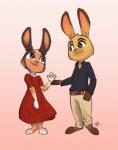 anthro barefoot belt buckteeth clothed clothing dress duo feet female gradient_background male simple_background standing teeth alec8ter conditional_dnp disney zootopia fan_character randall_silverbell tanith_whiskers lagomorph leporid mammal rabbit 2017 hi_res signature