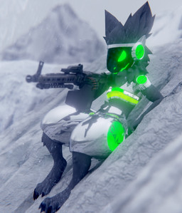 anthro armor biped body_hair breastplate c.a.m. cetme_ameli chest_fur chest_hair chest_tuft chrome chrome_body cybernetics detailed_background digitigrade fingers fluffy fluffy_ears fluffy_hair fur glistening glistening_body glowing glowing_body glowing_eyes green_body green_eyes grey_body grey_fur grey_hair gun hair holding_object holding_weapon lmg_(weapon) machine male metal metallic_body military mountain neck_tuft prosthetic protogen_armor protogen_face protogen_visor protogenized raining ranged_weapon robotic screen screen_face sliding smile snow soldier solo special_forces text tuft warrior weapon malikproto nukude_(modeler) yuri_chacal canid canine canis jackal mammal protogen 3d_(artwork) absurd_res digital_media_(artwork) english_text hi_res