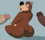 anthro big_butt big_penis black_nose blue_eyes bodily_fluids brown_body brown_ears brown_fur brown_hair brown_tail butt erection fur genitals grey_background group hair jewelry looking_at_genitalia looking_at_penis looking_back male male/male multicolored_body multicolored_fur necklace nude penis rear_view short_tail simple_background sitting surprise surprised_expression sweat tail thick_thighs tongue trio two_tone_body two_tone_fur vein veiny_penis colossalstars banjo-kazooie rareware banjo_(banjo-kazooie) bear mammal 2024 absurd_res digital_media_(artwork) hi_res