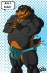 anthro balls belly biceps big_biceps biped black_body black_fur black_hair black_nose body_hair brown_body brown_eyes brown_fur bulge chest_hair clothed clothing erection fur genitals hair hand_on_chest humanoid_genitalia humanoid_penis male manly mature_anthro mature_male musclegut muscular muscular_anthro muscular_male nipples overweight overweight_anthro overweight_male pecs penis pose pubes side_view simple_background smile solo standing text tongue tongue_out topless underwear vein veiny_penis deadanthro jason_tripps tripps canid canine canis domestic_dog mammal mastiff molosser rottweiler english_text