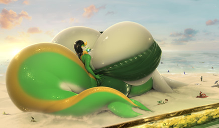ambiguous_gender anthro beach beverage big_breasts big_tail black_hair blonde_hair bottomwear bra breasts clothed clothed_anthro clothed_female clothed_macro clothing cloud detailed_background female female_anthro fully_clothed fully_clothed_anthro fully_clothed_female glistening glistening_breasts glistening_legs glistening_tail green_arms green_body green_bottomwear green_bra green_clothing green_scales green_shorts green_tail green_underwear group hair hand_on_hip hand_on_own_hip holding_beverage holding_object huge_breasts huge_tail hyper hyper_breasts hyper_tail larger_anthro larger_female macro macro_anthro macro_female orange_eyes scales shorts sitting sitting_on_ground size_difference sky small_head smaller_ambiguous smaller_anthro solo solo_focus star sunset tail tiny_head underwear white_body white_breasts white_legs white_scales white_skin yellow_body yellow_scales yellow_tail drakonst nintendo pokemon octavia_dreamleaf_(davjo) generation_5_pokemon pokemon_(species) snivy hi_res