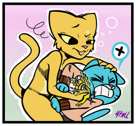 anthro blue_body blue_fur border clenched_teeth clothed clothing drunk duo eyes_closed female feral fur male nude simple_background smile substance_intoxication sweater teeth topwear white_border yellow_body yellow_fur young young_anthro fourball cartoon_network microsoft prequel_adventure the_amazing_world_of_gumball the_elder_scrolls gumball_watterson katia_managan avian bird domestic_cat felid feline felis khajiit mammal crossover digital_media_(artwork) hi_res