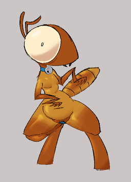 antennae_(anatomy) anthro bell bell_collar big_eyes brown_body collar grey_background looking_at_viewer male navel simple_background slightly_chubby slightly_chubby_anthro slightly_chubby_male solo standing tape tape_over_penis wearing_collar hhbrother rage_(hhbrother) arthropod blattodean insect termite english_description hi_res