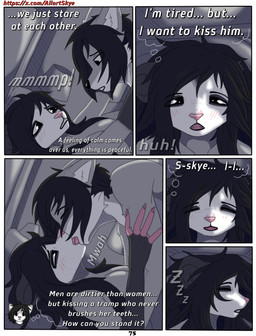 anthro black_body black_fur breasts duo female fur genitals grey_body grey_fur kissing male male/female nipples nude penetration penile penile_penetration penis penis_in_vagina pink_body pink_nipples sex tail text vaginal vaginal_penetration white_body white_fur allartskye kia_(allartskye) skye_(allartskye) american_opossum canid canine canis mammal marsupial wolf comic english_text hi_res url