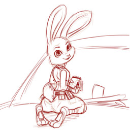anthro barefoot biped buckteeth butt clothing feet female kneeling long_ears looking_at_viewer looking_back notebook paper pen pencil_(object) police police_uniform rear_view smile solo teeth ticket uniform plagueofgripes disney zootopia judy_hopps lagomorph leporid mammal rabbit 1:1 2016 hi_res monochrome red_and_white sketch