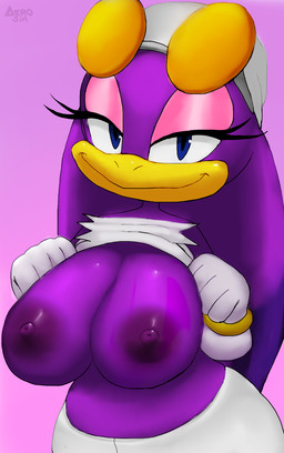 4_fingers anthro areola beak big_breasts biped blue_eyes bottomwear bracelet breasts closed_smile clothed clothed_anthro clothed_female clothing clothing_lift eyelashes eyeshadow eyewear eyewear_on_head female female_anthro fingers flashing flashing_breasts glistening glistening_body glistening_breasts glistening_eyes gloves gold_(metal) gold_bracelet gold_jewelry handwear headgear headkerchief headwear huge_breasts jewelry kerchief looking_at_viewer makeup mouth_closed nipple_dip nipples non-mammal_breasts non-mammal_nipples pants pink_eyeshadow purple_areola purple_background purple_body purple_nipples shirt shirt_lift simple_background smile smiling_at_viewer solo sunglasses sunglasses_on_head text topwear wearing_sunglasses white_bottomwear white_clothing white_gloves white_handwear white_headkerchief white_kerchief white_pants white_shirt white_topwear wide_hips yellow_beak aerosin sega sonic_riders sonic_the_hedgehog_(series) wave_the_swallow avian bird hirundinid oscine passerine swallow_(bird) 2023 artist_name digital_media_(artwork) hi_res