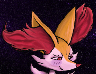 anthro blush blush_lines cosmic_background fur inner_ear_fluff looking_away multicolored_body multicolored_fur red_body red_eyes red_fur red_nose smile solo space space_background star tuft white_body white_fur yellow_body yellow_fur halfbaked-hope nintendo pokemon braixen canid canine fox generation_6_pokemon mammal pokemon_(species) hi_res