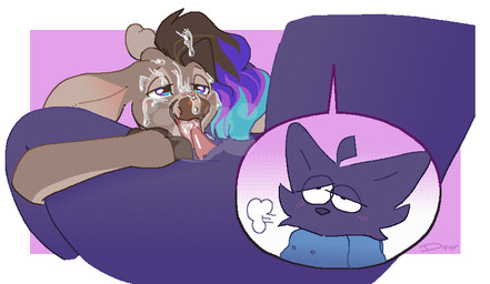 anthro antlers black_nose blue_body blue_fur blue_highlights blue_scarf blush blush_lines bodily_fluids breath brown_body brown_fur brown_hair brown_hooves brown_nose cum cum_on_face duo erection fellatio fur genital_fluids genitals hair half-closed_eyes highlights_(coloring) hooves horn licking looking_pleasured male male/male mostly_nude multicolored_highlights narrowed_eyes oral penile penis penis_lick pink_penis pink_tongue purple_highlights scarf scarf_only sex small_penis tan_antlers tapering_penis tongue tongue_out dyyrlysh joe_(thatguynamedjoe) kristoffer_everglade deer domestic_cat felid feline felis mammal new_world_deer white-tailed_deer 2025 absurd_res aliasing aseprite_(artwork) digital_drawing_(artwork) digital_media_(artwork) dithering flat_colors hi_res