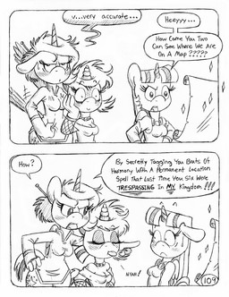annoyed anthro armwear back_wings blowing_raspberries blush blush_lines choker clothed clothed_anthro clothed_female clothing cutie_mark dialogue embarrassed eyelashes eyeliner eyes_closed female fishnet_armwear fishnet_clothing flushed_face flustered fully_clothed fully_clothed_anthro fully_clothed_female group hair hooves horn jewelry makeup map messy_hair necklace necktie paper princess royalty speech_bubble sweater sweater_vest tall_female taunting text tongue tongue_out topwear trio unguligrade unicorn_horn vest wing_boner wings circe_(artist) friendship_is_magic hasbro my_little_pony mythology fan_character gothy_moon_(circe) princess_eaststern_(minalhan) twilight_sparkle_(mlp) equid equine mammal mythological_creature mythological_equine unicorn winged_unicorn black_and_white comic english_text monochrome traditional_media_(artwork)