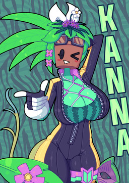 5_fingers accessory big_breasts black_eyes black_jumpsuit breasts brown_head cheek_spots cleavage clothed clothing curvy_figure dipstick_tail eyewear eyewear_on_head female finger_gun fingers flower flower_in_hair for_a_hat front_view gesture gloves goggles goggles_on_head green_body green_hair hair hair_accessory hand_behind_head hand_gesture handwear hourglass_figure huge_breasts huge_thighs jumpsuit leaf leaf_hair legband looking_at_viewer machine markings one_eye_closed open_mouth open_smile pattern_background plant plant_hair plant_pot plant_tail pseudo_hair simple_background smile smiling_at_viewer solo spiral spiral_eyes tail tail_markings text thick_thighs tight_clothing watermelon_pattern wide_hips wink winking_at_viewer zipper purplenamako blaster_master kanna_(blaster_master) elemental_creature elemental_humanoid flora_fauna humanoid plant_humanoid 2026 absurd_res character_name hi_res portrait three-quarter_portrait