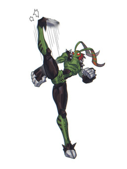 5_fingers action_pose antennae_(anatomy) anthro armor biped claw_fingers claws clothing compound_eyes exoskeleton exoskeleton_markings fingers gauntlets gloves green_body green_skin hair handwear head_markings kick male markings motion_lines muscular muscular_anthro muscular_male orange_eyes pecs pose raised_leg red_hair small_waist solo spikes spikes_(anatomy) thick_thighs confeito000_333 bandai_namco digimon animal_humanoid arthropod arthropod_humanoid digimon_(species) humanoid insect insect_humanoid stingmon 2025 3:4 chinese_description colored digital_drawing_(artwork) digital_media_(artwork) full-length_portrait hi_res portrait