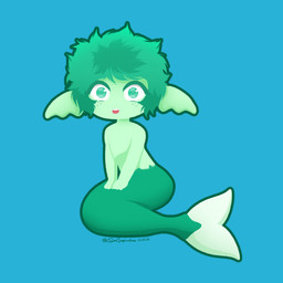 blue_background fluffy fluffy_hair freckles green_body green_eyes green_hair green_skin green_tail hair hands_on_lap looking_at_viewer simple_background solo split_form tail soul98inspirations my_hero_academia izuku_midoriya aquatic humanoid_merfolk merfolk 1:1 2025 hi_res signature