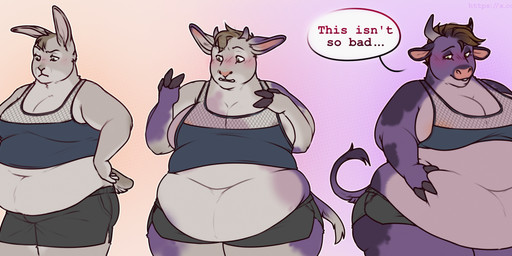 anthro areola areola_slip belly belly_rolls big_belly big_breasts blush breasts cleavage clothed clothing crossgender deep_navel fat_arms fat_rolls female fishnet_clothing fishnet_topwear gender_transformation hand_on_belly hand_on_hip huge_belly huge_breasts huge_thighs ill_fitting_clothing male mid_transformation midriff moobs morbidly_obese morbidly_obese_female mtf_crossgender navel obese obese_female obese_male overweight overweight_female overweight_male solo species_transformation surprised_expression text thick_thighs topwear transformation weight_gain wide_hips aucherr bovid bovine cattle lagomorph leporid mammal rabbit english_text hi_res sequence
