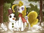 blonde_hair cutie_mark detailed_background feathered_wings feathers female feral fur hair nature outside plant pre-g4 purple_eyes scarf snow snowman solo standing tree white_body white_feathers white_fur wings winter umeguru hasbro mlp_g1 my_little_pony my_little_pony_'n_friends mythology surprise_(pre-g4) equid equine mammal mythological_creature mythological_equine pegasus 2013 4:3