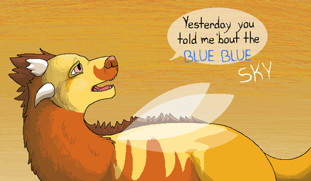ambiguous_gender black_text blue_text brown_body brown_fur brown_mane brown_nose dialogue feral fur horn insect_wings looking_up lyrics mane open_mouth pink_eyes pink_tongue simple_background snout solo speech_bubble tail talking_feral teeth text tongue translucent translucent_wings white_horn white_text wings yellow_background yellow_body yellow_fur sebdoggo fools_garden lemon_tree_(song) unknown_species 2013 aliasing digital_drawing_(artwork) digital_media_(artwork) english_text handwritten_text microsoft_paint_(artwork) shaded