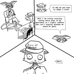 age_difference anthro clothing dialogue duo eyelashes female fur hairless hat headgear headwear male older_female social_worker tail text uniform naircat tails_gets_trolled femnair domestic_cat felid feline felis hairless_cat mammal sphynx_(cat) 1:1 aliasing binary_drawing comic digital_drawing_(artwork) digital_media_(artwork) english_text monochrome