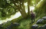 amazing_background anthro backpack carrying_backpack clothing dappled_light day detailed_background flower grass hiking light light_armor light_beam male medium_hair moss outside paws plant rock solo sunbeam sunlight tree tikattu harengon lagomorph leporid mammal rabbit detailed digital_media_(artwork)