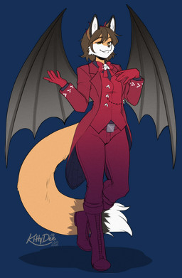 anthro biped bottomwear breasts clothed clothed_anthro clothed_female clothing female fingers front_view fully_clothed fully_clothed_anthro fully_clothed_female fur gloves hair handwear looking_at_viewer pants shirt smile solo standing tail teeth topwear wings kittydee canid canine fox mammal 2026 digital_drawing_(artwork) digital_media_(artwork) hi_res