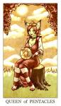 anthro breasts brown_hair card card_template cleavage clothed clothing cloud collar crown dress felid feline female feralise fortune_telling grass hair headgear legwear looking_at_viewer lynx mammal minor_arcana occult_symbol open_mouth outside pentacle pentacles_(tarot) plant queen_of_pentacles_(tarot) royalty sitting sitting_on_stump sky solo stockings sun symbol tarot tarot_card tree_stump vivi_(trix_the_cat) yellow_eyes