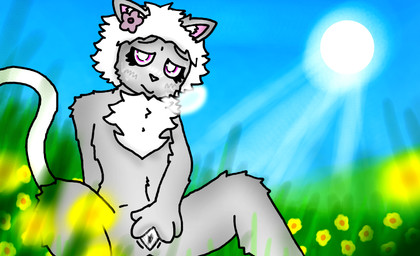 accessory female field flower flower_in_hair fur grass grey_body grey_fur hair hair_accessory light plant purple_eyes solo sunlight tail white_hair white_insides white_tail you_made_me_do_this. oogilygoobygoo venti_naomi godborn humanoid hi_res