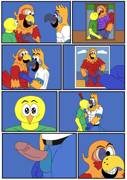 anthro balls beak clothed clothing erection feathers genitals glans group male male/male multicolored_body multicolored_feathers muscular muscular_anthro muscular_male open_beak open_mouth penis speedo swimwear trio yellow_body ciel-wolf nickelodeon the_casagrandes the_loud_house paco_(the_casagrandes) sergio_(the_casagrandes) walt_loud avian bird canary finch oscine parrot passerine comic