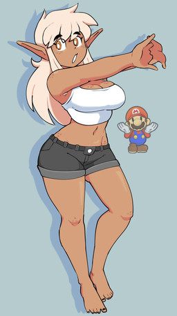 5_fingers 5_toes :o armpit_hair barefoot black_bottomwear black_clothing black_nails black_shorts black_toenails body_hair bottomwear breasts brown_body brown_breasts brown_ears brown_skin cleavage clothed clothed_female clothed_humanoid clothing colored_nails crop_top drop_shadow feet female female_humanoid fingers freckled_breasts freckled_face freckled_hips freckled_knees freckled_shoulders freckles hair humanoid_pointy_ears long_hair looking_aside nails navel not_furry open_mouth orange_eyes pointy_ears pupils shirt shorts tan_hair toenails toes topwear white_clothing white_crop_top white_pupils white_sclera white_topwear genocityzone mario_bros nintendo paper_mario autumn_(genocityzone) elf humanoid 2025 absurd_res digital_media_(artwork) hi_res