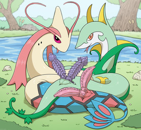 2_penises animal_genitalia animal_penis duo feral genitals grass_field green_body hemipenes long_body male male/male multi_genitalia multi_penis orange_eyes penile_spines penis pink_penis pond purple_penis red_eyes slit_penis tongue tongue_out vavacung nintendo pokemon generation_3_pokemon generation_5_pokemon milotic pokemon_(species) reptile scalie serperior snake hi_res