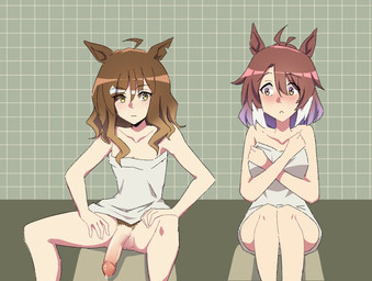 ahoge balls blush bodily_fluids bottomless breasts brown_hair circumcised clothed clothing collarbone communal_shower covering covering_breasts covering_self duo embarrassed female genital_fluids genitals gradient_hair gynomorph hair half-erect highlights_(coloring) humanoid_genitalia humanoid_penis ineffective_clothing intersex looking_at_genitalia looking_at_penis penis precum pubes public public_nudity shower simple_background sitting spread_legs spreading towel towel_only yellow_eyes the_freakin_yui cygames uma_musume_pretty_derby dantsu_flame_(pretty_derby) jungle_pocket_(pretty_derby) animal_humanoid equid equid_humanoid equine equine_humanoid humanoid mammal mammal_humanoid 2026 digital_media_(artwork) hi_res