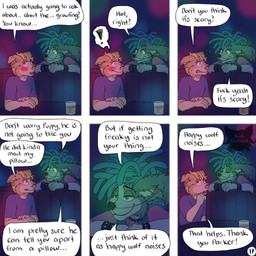 6_panel_comic anthro blonde_hair blue_clothing blue_hair blue_shirt blue_topwear blush bracelet brown_eyes chain_piercing clothing collar dialogue duo ear_piercing exclamation_point eyes_closed facial_piercing fur glass green_eyes grey_body grey_fur hair inside jewelry long_ears looking_away male nervous nightclub nose_piercing page_number piercing pink_clothing pink_shirt pink_topwear profanity shirt shocked sitting smile spiked_bracelet spiked_collar spikes text tongue tongue_out topwear vest yellow_body yellow_fur kriek_wildebeest jeremy_(kriek_wildebeest) parker_(kriek_wildebeest) bird_dog border_collie canid canine canis cavalier_king_charles_spaniel collie domestic_dog herding_dog hunting_dog mammal pastoral_dog sheepdog spaniel toy_dog 1:1 comic english_text hi_res multiple_scenes