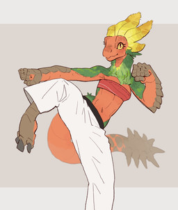 4_toes anthro bandeau barefoot biped bottomwear claws clothed clothed_anthro clothed_female clothing countershade_feet countershading feathers feet female fingers fist front_view green_body green_feathers grey_background humanoid_hands long_tail looking_at_viewer martial_arts martial_arts_uniform midriff multicolored_body navel orange_body pants plantigrade pose red_clothing red_topwear shirtless_anthro shirtless_female simple_background smile solo sportswear standing taekwondo tail toe_claws toes topwear white_bottomwear white_clothing white_pants yellow_body yellow_feathers yellow_sclera yolabayola1 capcom monster_hunter bird_wyvern maccao absurd_res colored hi_res portrait three-quarter_portrait