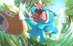 ambiguous_gender blue_body duo feral jumping open_mouth orange_body plant sky splash splashing_water teeth throat tongue tree water yuno_tsuchihira nintendo pokemon crocodilian feraligatr fish generation_1_pokemon generation_2_pokemon magikarp marine pokemon_(species) reptile scalie