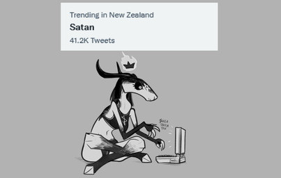 :3 anthro black_hair black_sclera bra breasts clothed clothing computer crossed_legs crown electronics female floating_crown grey_background hair headgear hooves horn humor laptop occult_symbol pentagram simple_background sitting solo sound_effects sports_bra symbol text underwear keadanger bapho_(keadanger) baphomet_(deity) bovid caprine caprine_demon deity demon goat_demon mammal 2021 digital_media_(artwork) english_text greyscale hi_res monochrome