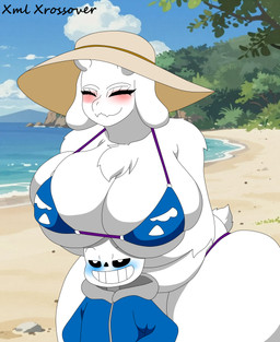 anthro beach big_breasts big_butt bikini bikini_bottom bikini_top bone boob_hat breasts butt clothing duo female fluffy fluffy_chest horn huge_breasts huge_butt larger_female male male/female mature_female size_difference skeleton smaller_male smaller_male_larger_female sweater swimwear thick_thighs topwear two-piece_swimsuit wide_hips xml_xrossover_(artist) undertale_(series) sans_(undertale) toriel toriel_(undertale) bovid caprine goat humanoid mammal absurd_res hi_res