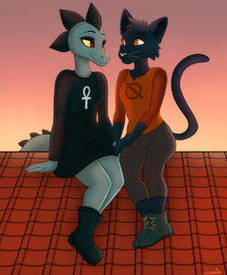 ankh anthro black_boots black_clothing black_dress black_footwear boots bottomwear breasts brown_bottomwear brown_clothing brown_pants claws clothing dress duo eye_contact female female/female footwear half-closed_eyes hand_holding looking_at_another narrowed_eyes non-mammal_breasts orange_clothing orange_shirt orange_topwear pants romantic romantic_couple rooftop shirt shoes sitting_on_rooftop sunset topwear lunula night_in_the_woods bea_santello mae_borowski alligator alligatorid crocodilian domestic_cat felid feline felis mammal reptile scalie hi_res signature