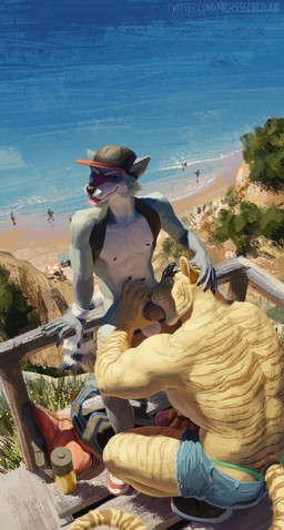 anthro balls beach being_watched claws clothed clothing day detailed_background duo exhibitionism finger_claws footwear furgonomics genitals hat headgear headwear looking_at_another male male/male masturbation oral oral_penetration outside outside_sex penetration penile penile_masturbation public public_nudity public_sex sand sea sex sex_on_the_beach shoes tongue tongue_out topless topless_anthro topless_male voyeur water mickey_the_retriever felid mammal pantherine procyonid raccoon tiger absurd_res alternate_version_at_source digital_drawing_(artwork) digital_media_(artwork) hi_res