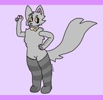 >:3 anthro arm_stripes arm_tuft bell cheek_tuft clothed clothing collar eyebrows eyeliner facial_tuft female flat_chested fluffy fluffy_tail fur gesture grey_body grey_fur hand_gesture hand_on_hip legwear long_tail looking_away makeup no_underwear orange_eyes pawpads sassy shoulder_tuft simple_background solo tail thigh_highs topless tuft v_sign kawaiikat izzy_(kawaiikat) domestic_cat felid feline felis mammal 2023 digital_media_(artwork) full-length_portrait letterbox portrait signature