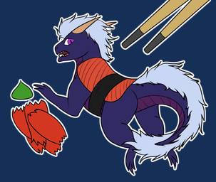 chibi chopsticks feral food fur hair horn male nude open_mouth paws purple_body purple_eyes purple_scales scales solo sushi tail white_body white_fur white_hair superplus mythology hallbjorn_darktail dragon mythological_creature mythological_scalie reptile scalie alpha_channel digital_media_(artwork) hi_res