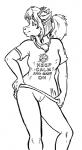 anthro bottomless chest_tuft clothed clothing clothing_pull ear_piercing female genitals hair hand_on_hip piercing ponytail pussy shirt shirt_pull simple_background smile solo text topwear topwear_pull tuft white_background style_wager nanney bovid caprine goat mammal 2016 monochrome