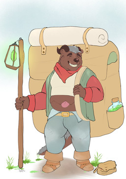 anthro backpack belly_mouth biped bottomwear brown_body bulge clothing eyes_closed humanoid_hands male overweight overweight_male pants shirt solo topwear sato_leone mammal 2021 absurd_res hi_res
