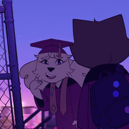 ambiguous_gender anthro backpack biped brown_body brown_fur building clothed clothing cloud duo evening eyelashes eyeliner female fence fur graduation_cap graduation_gown graduation_robe hair high_school long_hair looking_at_another makeup metal_fence night outside plant school short_hair shrub sky whiskers yellow_body yellow_fur itsdanfango jalei_(itsdanfango) julie_(itsdanfango) canid canine canis domestic_cat domestic_dog felid feline felis mammal 1:1 2025 2d_animation animated no_sound short_playtime webm