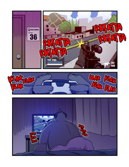 anthro controller curtains_closed electronics first_person_shooter game_controller gameplay_mechanics gaming gun headphones holding_controller holding_object hud inside male minimap playing_video_game ranged_weapon rear_view shooting solo sound_effects television user_avatar weapon t0l0k lugo_(t0l0k) bear mammal comic hi_res