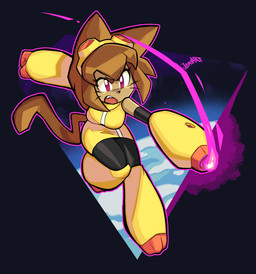 anthro arm_cannon breasts brown_body brown_hair clothing eyelashes eyewear eyewear_on_head female goggles goggles_on_head hair magenta_eyes open_mouth solo weapon_arm whiskers yellow_sclera jamoart gameoverse glitch_productions kit_bodega domestic_cat felid feline felis mammal 2026 absurd_res hi_res
