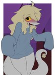 anthro blonde_hair blush border bottomless bottomless_anthro bottomless_female clothed clothing detailed_background embarrassed eyelashes female freckles grey_body grey_scales hair inside long_hair long_tail looking_at_viewer open_mouth pupils scales snout solo tail white_border yellow_sclera ather_os cavemanon_studios snoot_game judee dinosaur prehistoric_species reptile scalie theropod troodon troodontid 2023 absurd_res digital_drawing_(artwork) digital_media_(artwork) hi_res portrait three-quarter_portrait