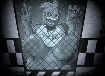 anthro areola beakless bib big_breasts black_eyes breasts breasts_on_fence chain-link_fence female fence front_view head_feathers head_tuft huge_breasts looking_at_viewer machine navel nipples open_mouth open_smile smile solo thick_thighs tuft wide_hips gallo_wazavi five_nights_at_freddy's fnaf_1_remake scottgames chica_(fnaf) chick_(fnaf_1_remake) animatronic avian bird chicken galliform phasianid robot hi_res monochrome