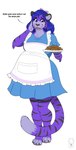 anthro apron arm_tuft belly big_belly blue_clothing blue_dress blue_eyes blue_hair cheek_tuft clothed clothing cookie dress elbow_tuft facial_tuft female food front_view fur hair holding_plate markings open_mouth pregnant pregnant_anthro pregnant_female purple_body purple_fur simple_background solo standing striped_arms striped_legs striped_markings striped_tail stripes tail tail_markings tuft white_apron white_background white_clothing milk-jug felid mammal pantherine tiger full-length_portrait hi_res portrait