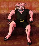 anthro belt belt_buckle buckle bulge collar fingers fur golden_pupils hoof_hands hooved_fingers hooved_fingertips hooved_toes hooves male manspreading muscular muscular_anthro muscular_male name_tag pig_nose pink_body pink_fur red_sclera scar solo tail tail_tuft the_nether_(minecraft) tuft tusk_ring tusks randompasserbyer microsoft minecraft mojang xbox_game_studios grug_(randompasserbyer) mammal piglin suina absurd_res hi_res