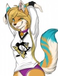 anthro blonde_hair blue_eyes clothing female hair hockey hockey_jersey looking_at_viewer panties purple_clothing purple_panties purple_underwear smile solo sport tail underwear hutchyy sambers nhl pittsburgh_penguins chinchilla chinchillid hybrid mammal mustelid otter rodent